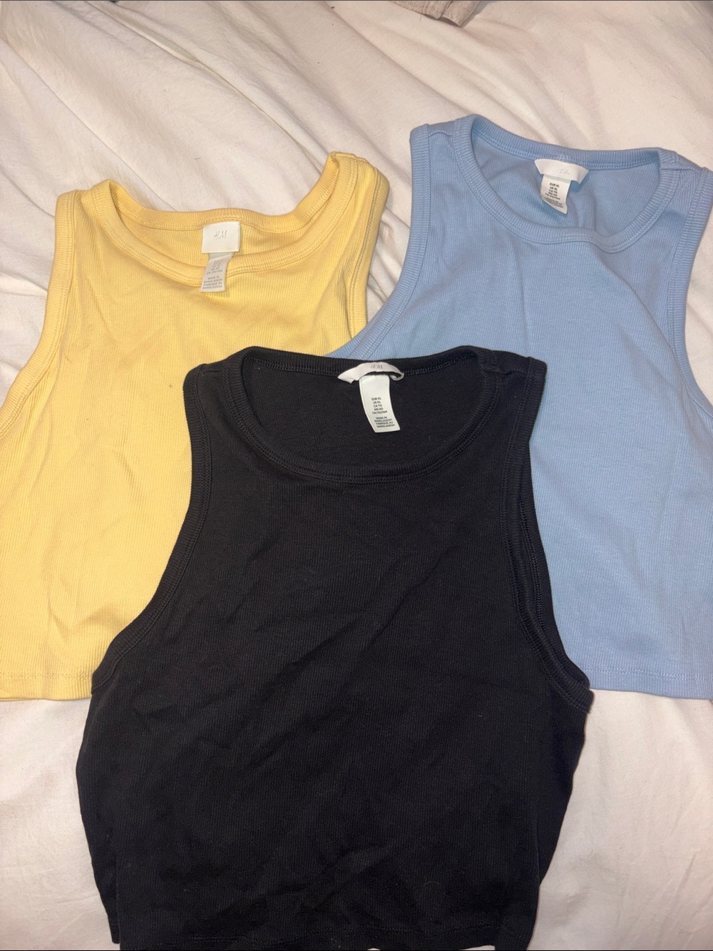 H&M Women's Ribbed Crop Tank Tops in Black, Pastel Yellow & Light Blue